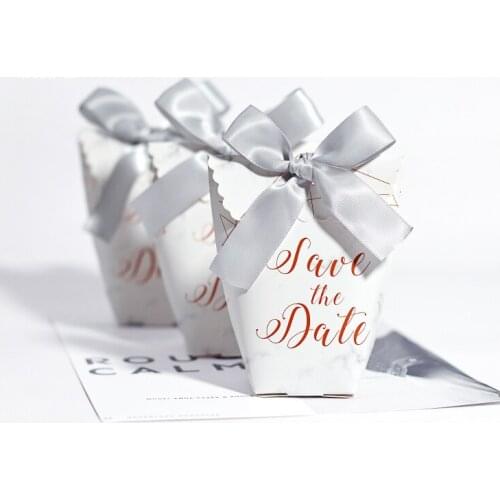 100pcs New Wedding Favors Marble Candy Boxes with sliver grey ribbon Bomboniere Save the date paper Gift Bag Party Chocolate Box