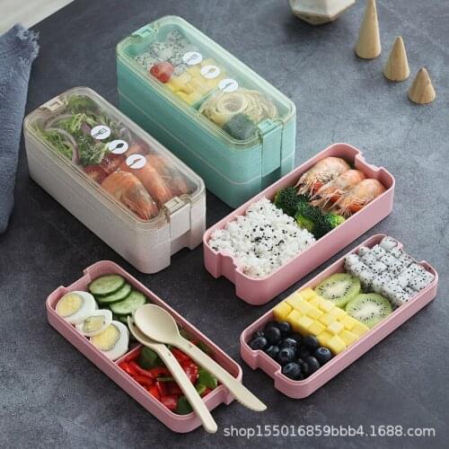 New wheat straw three layer lunch box Japanese creative lunch box cute student 1.1L lunch box tableware