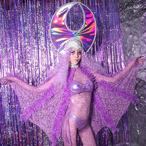 Sexy Roupa Feminina Women Nightclub Jumpsuit Purple Lace Body Suit GoGo Dance Clothing Suit Cosplay Bat Festival Outfit BL2431