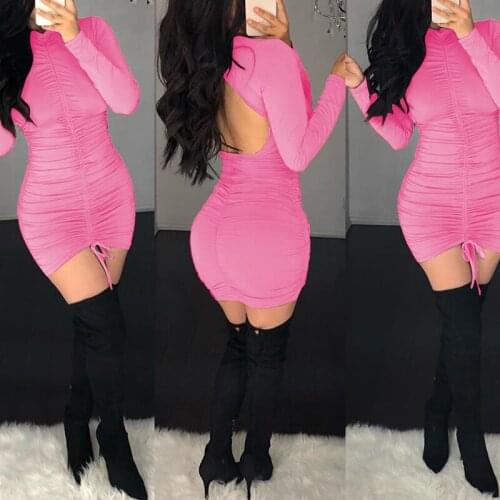 OMSJ New Style Solid Color Skinny Women Trendy Sexy Charming Party Club Dress Long Sleeve Pleated Mini Bandage Backless Vestidos