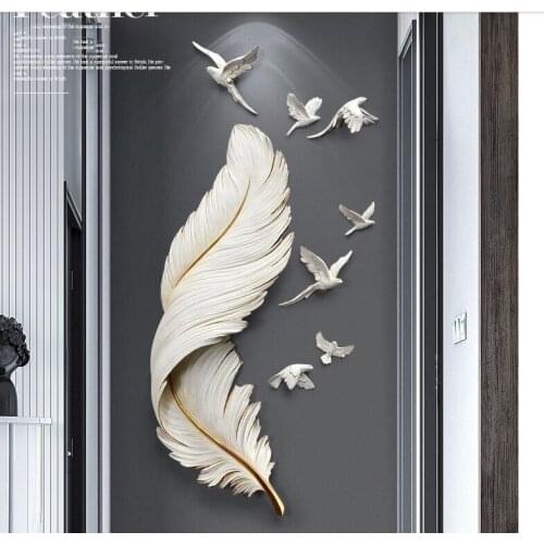 Nordic Luxury FRP Feather Wall Hanging Birds Home Livingroom Sofa Background Wall Sticker Crafts Office Wall Mural Decoration