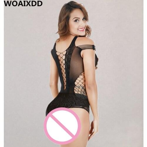 Sexy Fishnet Lingerie Women Hollow Bodysuit Erotic Transparent Large Mesh Underwear Sexy Lace Printed Langerie costume Negligees