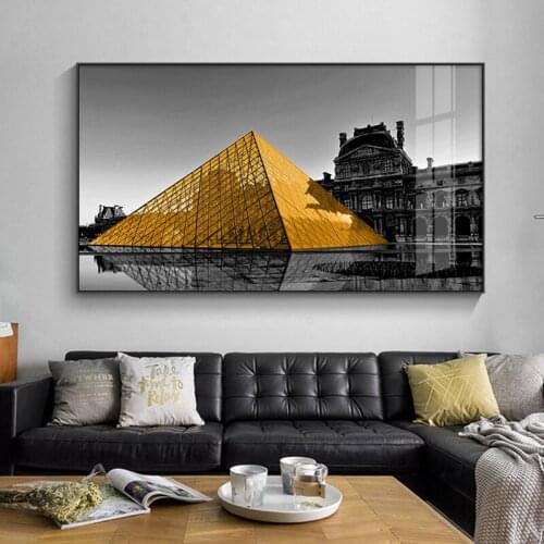 Modern Brilliant Golden Magnificent Triangular Building Canvas Painting Black Wall Art Poster for Home Decor Pictures
