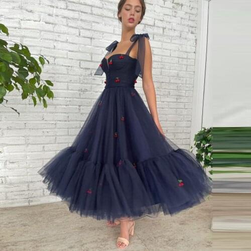 Dark Blue Midi Long Tulle Dress Adjustable Strap Tie Bow Sweetheart Ruffles Prom Dress Applique Cherry Party Dress Women Gowns