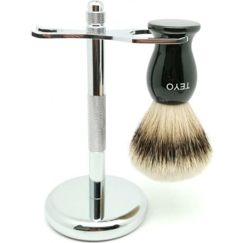 TEYO Super Silvertip Badger Hair Shaving Brush and Shaving Stand Set Perfect for Wet Shave Soap Razor Beard Brush