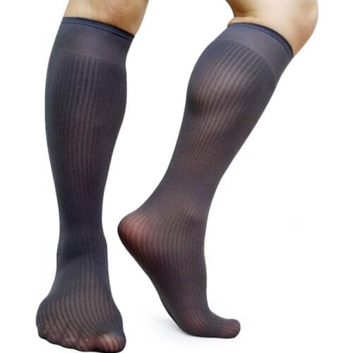 Thin Softy Men Business Socks Solid Color Striped Formal Dress Tube Long Socks Knee High Stocking Men Socks Fetish Collestion