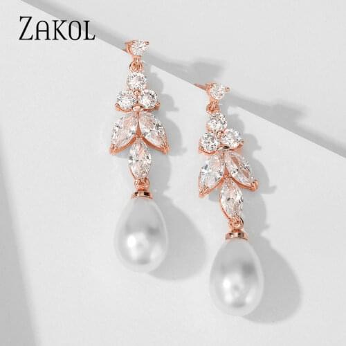 ZAKOL White Zirconia Crystal Leaves Drop Earrings For Women Fashion Pearl Bridal Wedding Jewelry FSEP2522