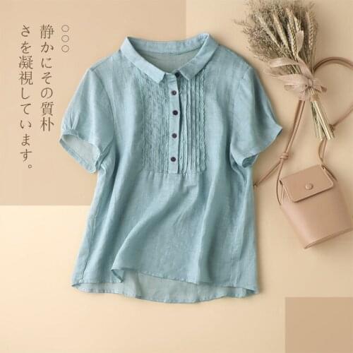 Womens Thin Cotton Linen Blouse Top Fashion Woman Vintage Short Sleeve Blusas Casual Plus Size Solid Color Loose Shirts Q480