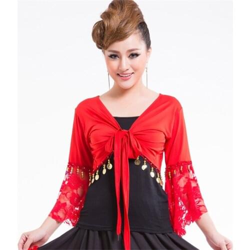 New Womens Belly Dance Costume Lace Short Sleeve Gold Colour Coins Tops & Shawl Practice Clothing Belly Dance Performance Tops