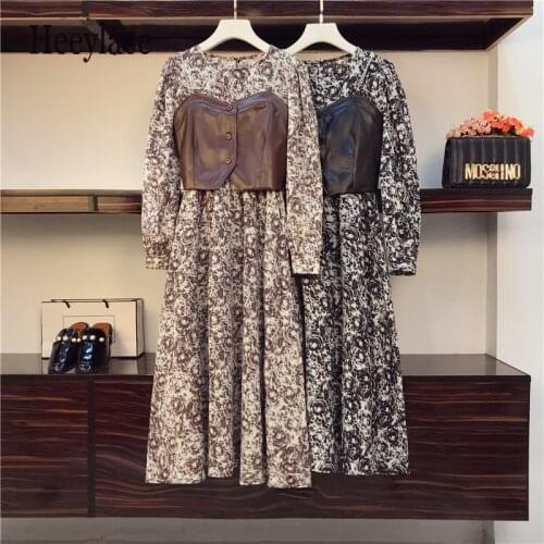 Plus Size Women Korean 2 Pieces Set Autumn Winter Long Sleeve Retro print Dress + Leather Tube Top Office ladies Dresses Set