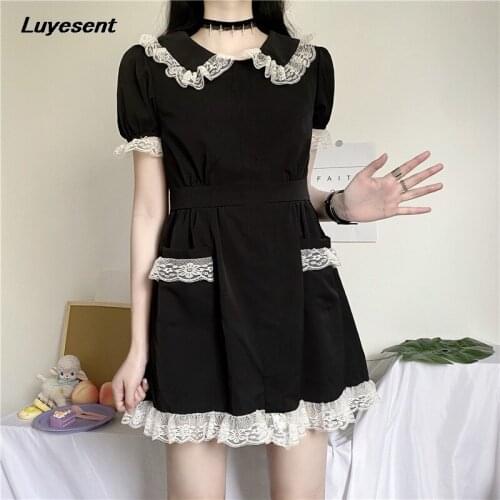 Black Gothic Women White Lace Mini Dress Summer Puff Short Sleeve Empire Dark Lolita Vintage Dresses Peter Pan Collar Streetwear