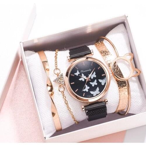 5 stucke Set Frauen Uhr Magnet Schnalle Frauen Schmetterling Uhren Luxus Damen Quarz Armbanduhren Armband Set Uhr Reloj Mujer