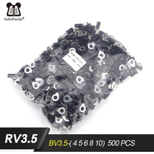 500PCS RV3.5-( 4 5 6 8 10)Black Ring Insulated Terminal Cable Crimp Terminal Suit 2.5-4mm 14-12 Cable Wire Connector AWG