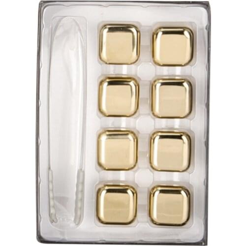 8Pcs Whiskey Stone,Gold Stainless Steel Square Shaped Metal Ice-Cube, Reusable Chilling Rocks with Clip and Storage Box