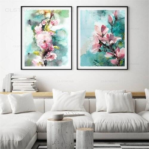 Abstract Pink Flowers Canvas Painting Botanical Watercolor Poster and Prints Turquoise Floral Wall Art Pictures for Home Decor