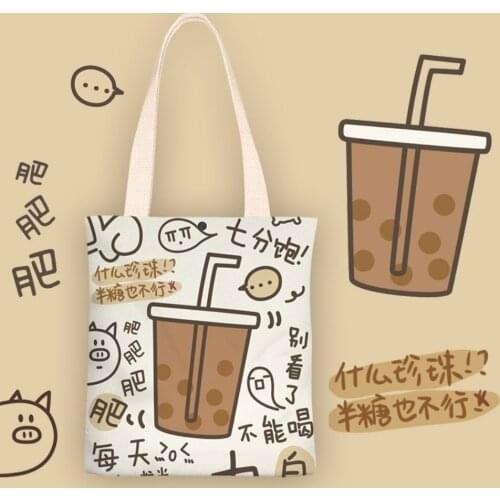 Bubble tea canvas bag cartoon cute student canvas bag female large capacity student bag simple personality messenger bag