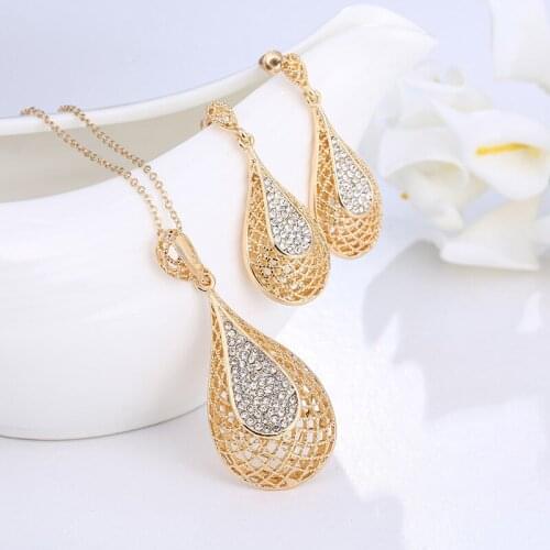 Korea Trendy Shiny Zircon Alloy Water Drop Rhinestone Woman Necklace Drop Earrings Fashion Jewelry Sets-KQAWJS001F
