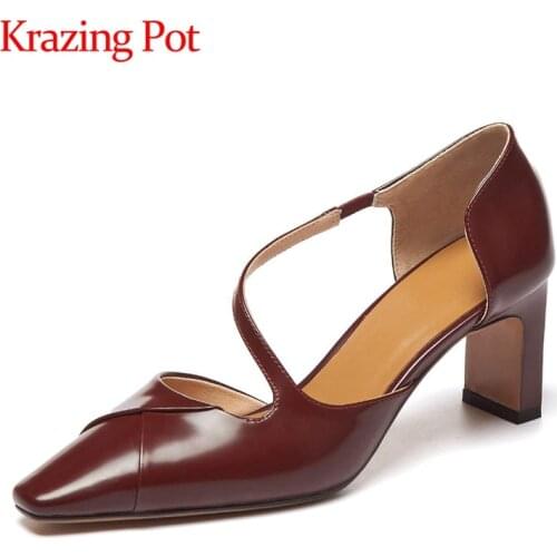 Krazing pot genuine leather square toe high heels solid young lady gentlewomen daily wear slip on summer mules sandals women L45
