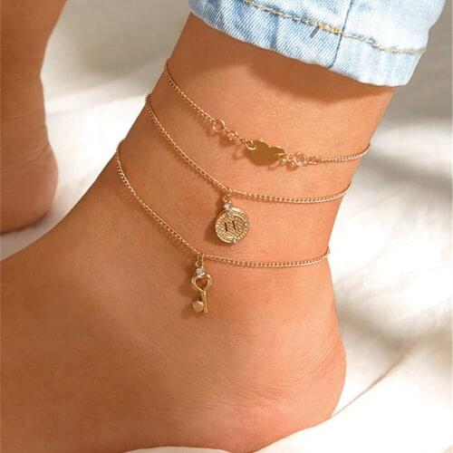 2021 Boho Multilevel Gold Heart-shaped Key Coin Pendant Anklets For Women Vintage New Fashion Geometry Chain Anklet Jewelry Gift