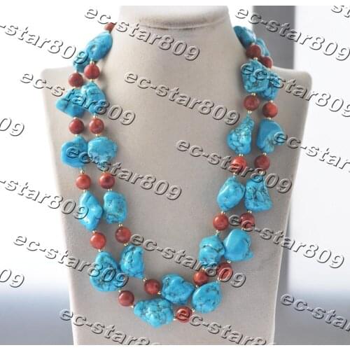 Z11226 2Row 21" 20mm Blue Baroque Turquoise Red Coral Bead Necklace Choker Woman Fashion Jewelry