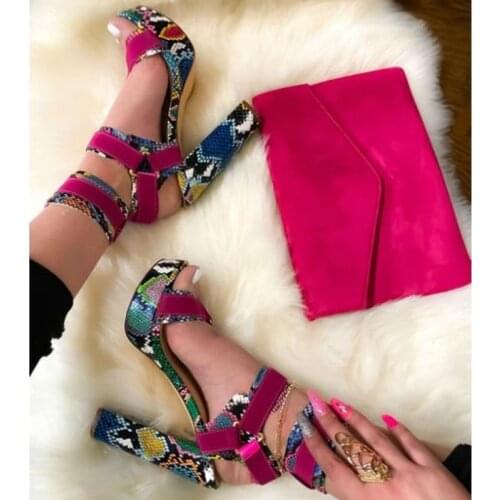 Sexy Multi Snake Printed Chunky Heels Sandals Cut-out Peep Toe High Platform Summer Shoes Buckle Strap Thick Heel Patchwork Shoe