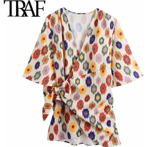 TRAF Women Fashion Side Pleats Printed Wrap Mini Dress Vintage V Neck Three Quarter Sleeve Female Dresses Vestidos