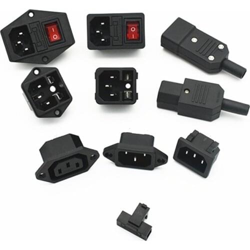 1PCS AC Power Socket Whit Rocker switch 3 Pin Red LED 250V 10A Fuse Female Male Inlet Plug Connector 2 holes Socket Mount