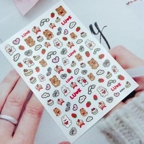 DIY 3D Japanese Style Thin Light Traceless Nail Stickers Back Glue Adhesive Carton Bears Cakes & Strawberry Dry Nail Decals Girl