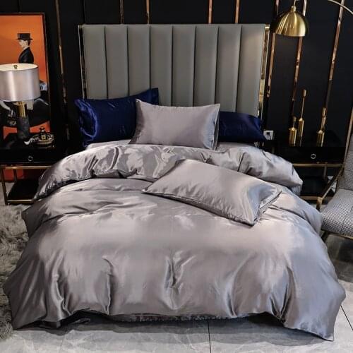 Silver Silky Smooth Satin Bedding Set Quilt Cover Bedclothes Pillowcase CN Twin/US Queen Size Bed Duvet Covers Set for Adults