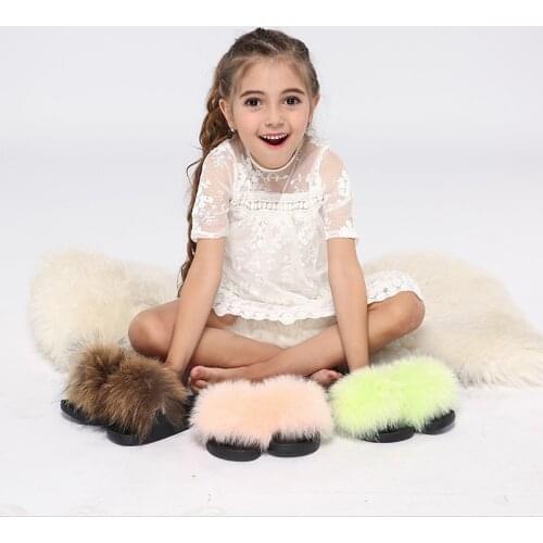 Kids Fur Slides Furry Home Slippers Fluffy Slides Indoor Summer Flat Sandals Flip Flops Brand Luxury Girls Shoes 2020 Size 24-35