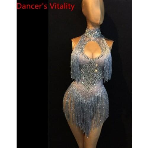 Bar DJ Modern Women Singer Host Silver High-necked Tassel Elastic Short Body Suit Adult Latin Dance Performance Costume Stage