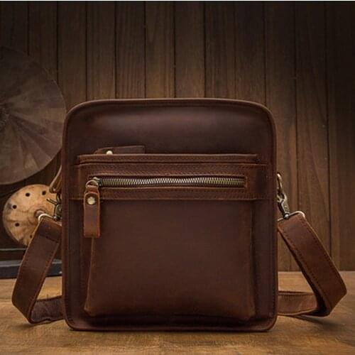 Textured cowhide retro shoulder bag mens vertical crazy horse leather personality messenger bag leather casual business mens