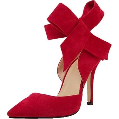 Korean fashion womens shoes pointed big bow thin heel shoes shallow mouth perfect wedding shoes red green