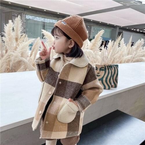 DFXD High Quality Children Clothes Winter Snowsuit Kids Girl Long Plaid Fleece Lamb Wool Coat Single Breasted Thick Kids Outwear
