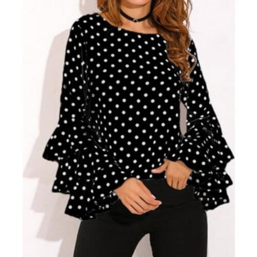 Polka Dot Printing Shirt Women Autumn Spring Wave Point Chiffon Blouse Speaker Sleeve Tops Plus Size