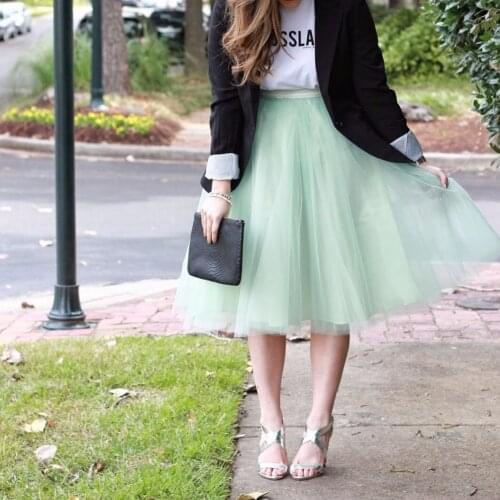2020 Women Mint Green Skirt Layered Female faldas Tutu Midi Skirts Tulle Zip Closure Satin Band