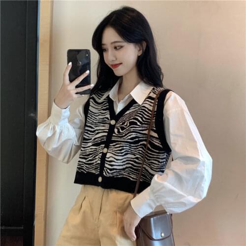 Women Sweater Vest Zebra Pattern V-neck Knitted Vest Womens Spring Outerwear Vest Vest Cardigan Jacket Sleeveless Top
