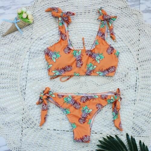 2019 Sexy Womens Pineapple Printing Lace-Up Bandeau Tie Side String Padded Wireless Bikini Set Bathing Suit