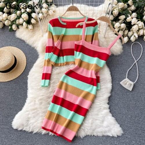 Gagaok Office Lady Striped Two Piece Set 2021 Spring Autumn New Fashion Sweet Slim Chic Outfits Knitted Coats+ Cami Dresses