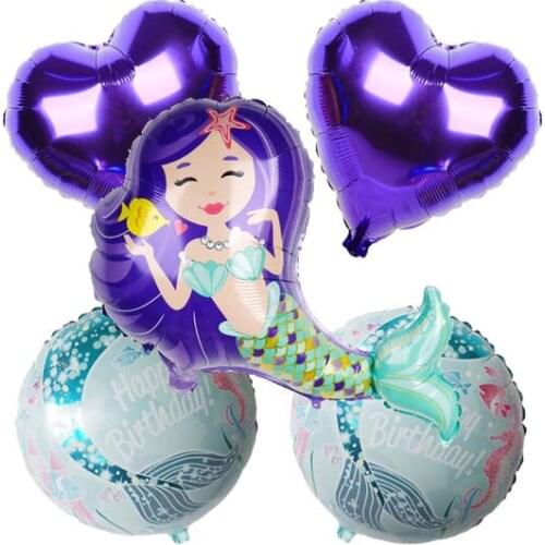5 pcs Mermaid And Heart Balloons Birthday Party Decorations | Under The Sea Theme Party Supplies Mylar Foil Helium Balloons