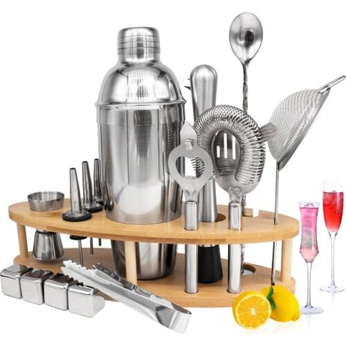 750ML Stainless Steel Cocktail Shaker Boston Set Bartender Kit Bar Tool Wine Drink Mixer Wooden Stand with Ice Stone 12/16pcs