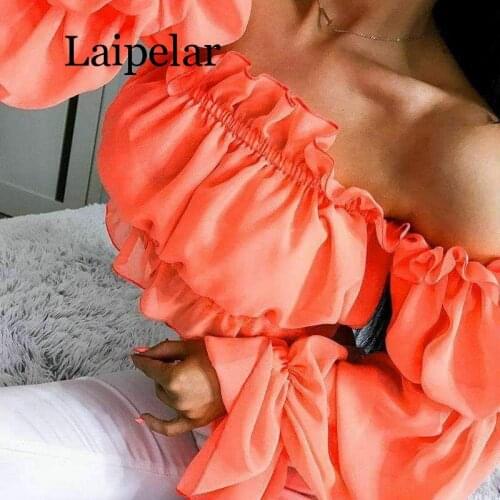 Women Top Blouse Shirt Trendy Chiffon Off Shoulder Slash Neck Loose Pleated Flare Sleeve Ruffle Blouse Sexy Casual Cop Tops