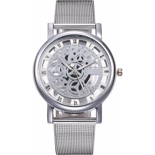 Hot Fashion Men Women Skeleton Wrist Watch Luxury Unisex Simple Style Mesh Belt Men Women Quartz Hollow Watches Clock