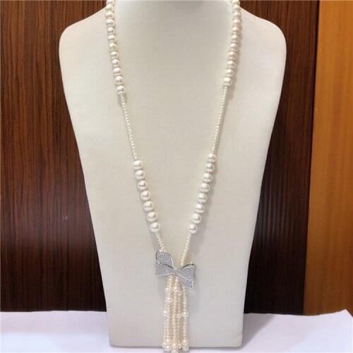 Hand knotted Natural white freshwater pearl long sweater chain butterfly accessories tassel necklace fashion jewelry