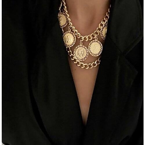 Grunge Aesthetic Mood Rock Clothes Chain Retro Geometric Thick Chain Layered Necklace Portrait Girl Tassel Birthday Gift