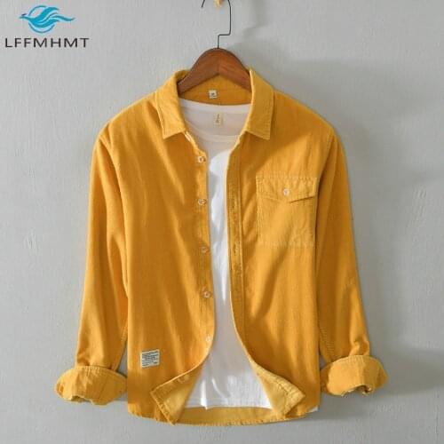 Japan Style Cotton Corduroy Long Sleeve Turn Down Collar Vintage Shirts With Pocket Male Casual Slim Fit Simple Wild Trendy Tops