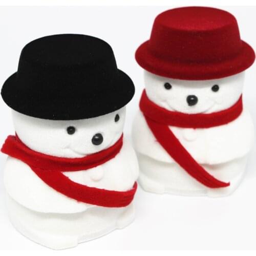HOSENG 10Pcs Winter Christmas Little Snowman Cute Ring Box Red and Black Hat Women Velvet Jewelry Case Gift For Friend HS_932