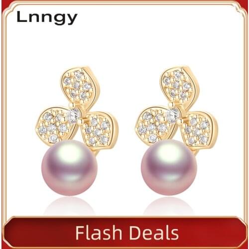 Lnngy 14K Gold Filled Earrings 6-6.5mm Natural Cultured Freshwater Pearl Orchid Flower Stud Earrings Women Fine Jewelry Earrings