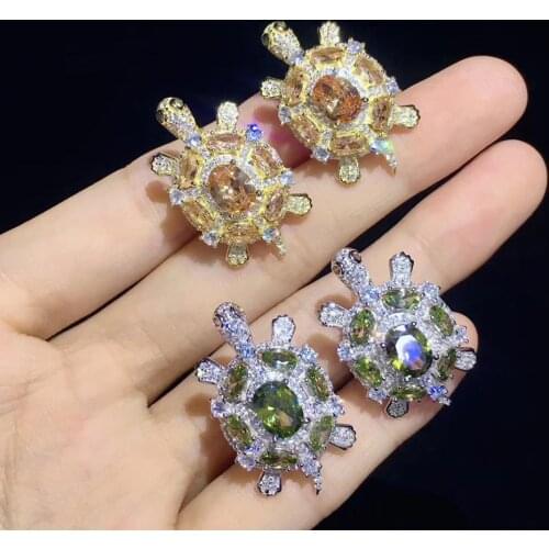 Cute tortoise stud earring 925 sterling silver with cubic zircon green color champagne color fine women jewelry free shipping