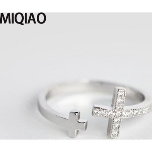 MIQIAO 925 Sterling Double Cross Ring Adjustable Silver For Women Diamond Zircon On Fingers Female Amulet Minimalism Gift